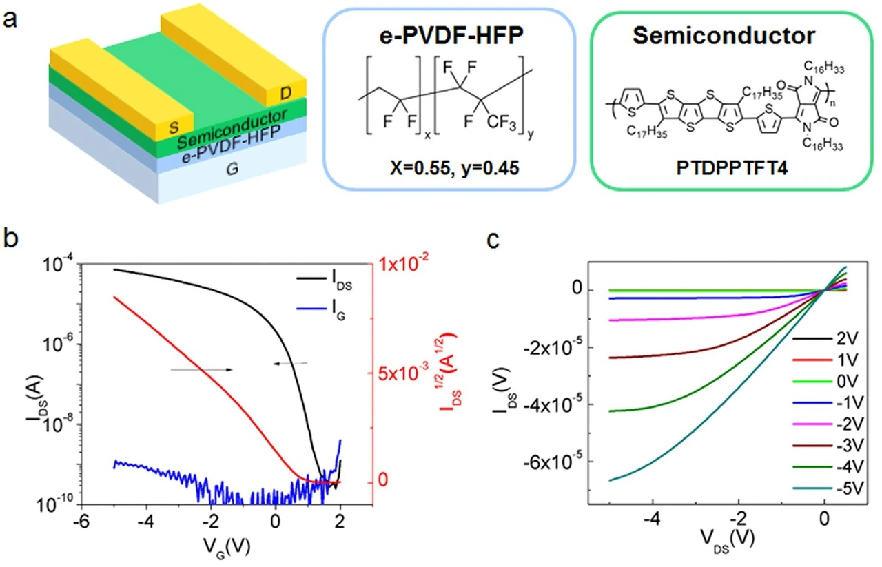 Table of contents graphic: Significance of the double-layer capacitor effect in polar rubbery dielectrics and exceptionally stable low-voltage high transconductance organic transistors
