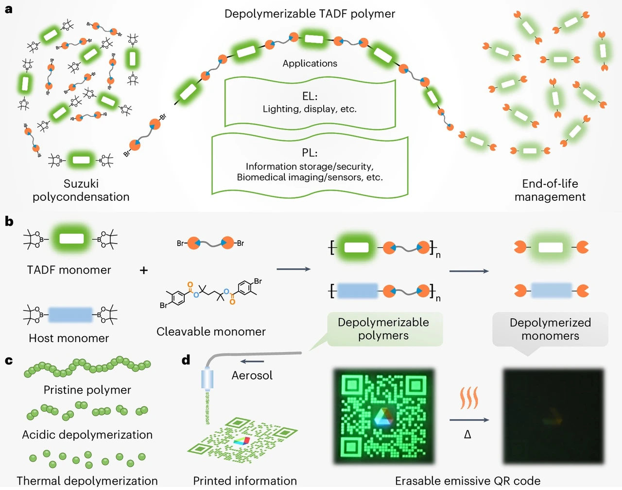 Table of contents graphic: Depolymerizable and recyclable luminescent polymers with high light-emitting efficiencies