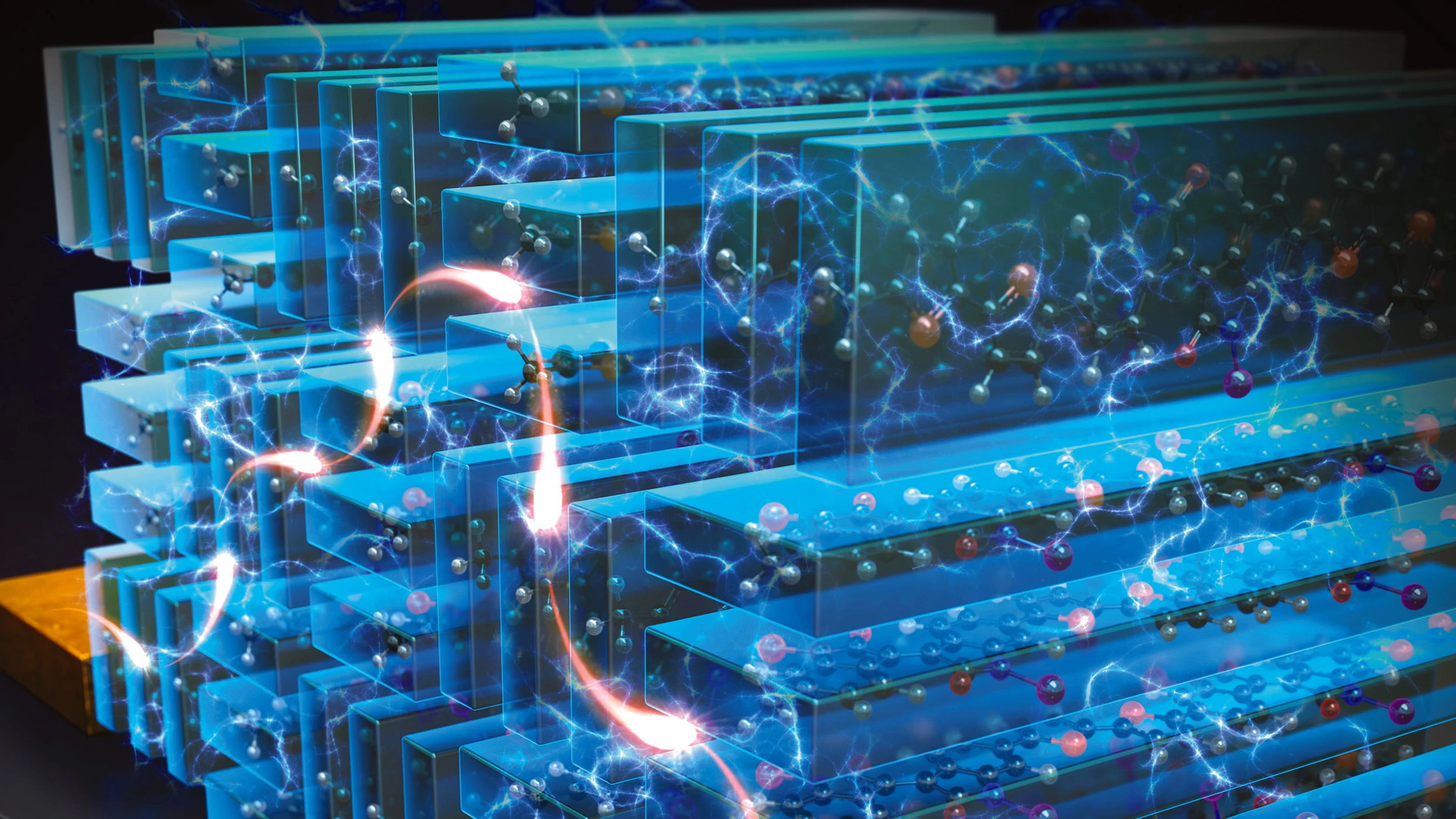 Cover art showing a conjugated polymer chain beside stacked transparent semiconductor layers and an electrode.