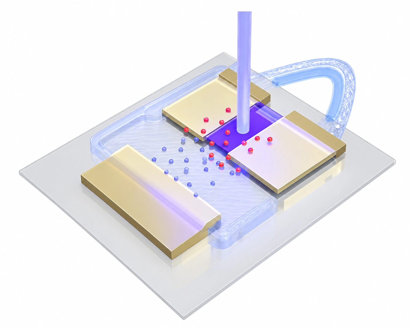Schematic from the group's 2023 Nature Photonics paper: an organic optoelectronic synapse in which a beam of light drives anion and cation flow between the electrodes