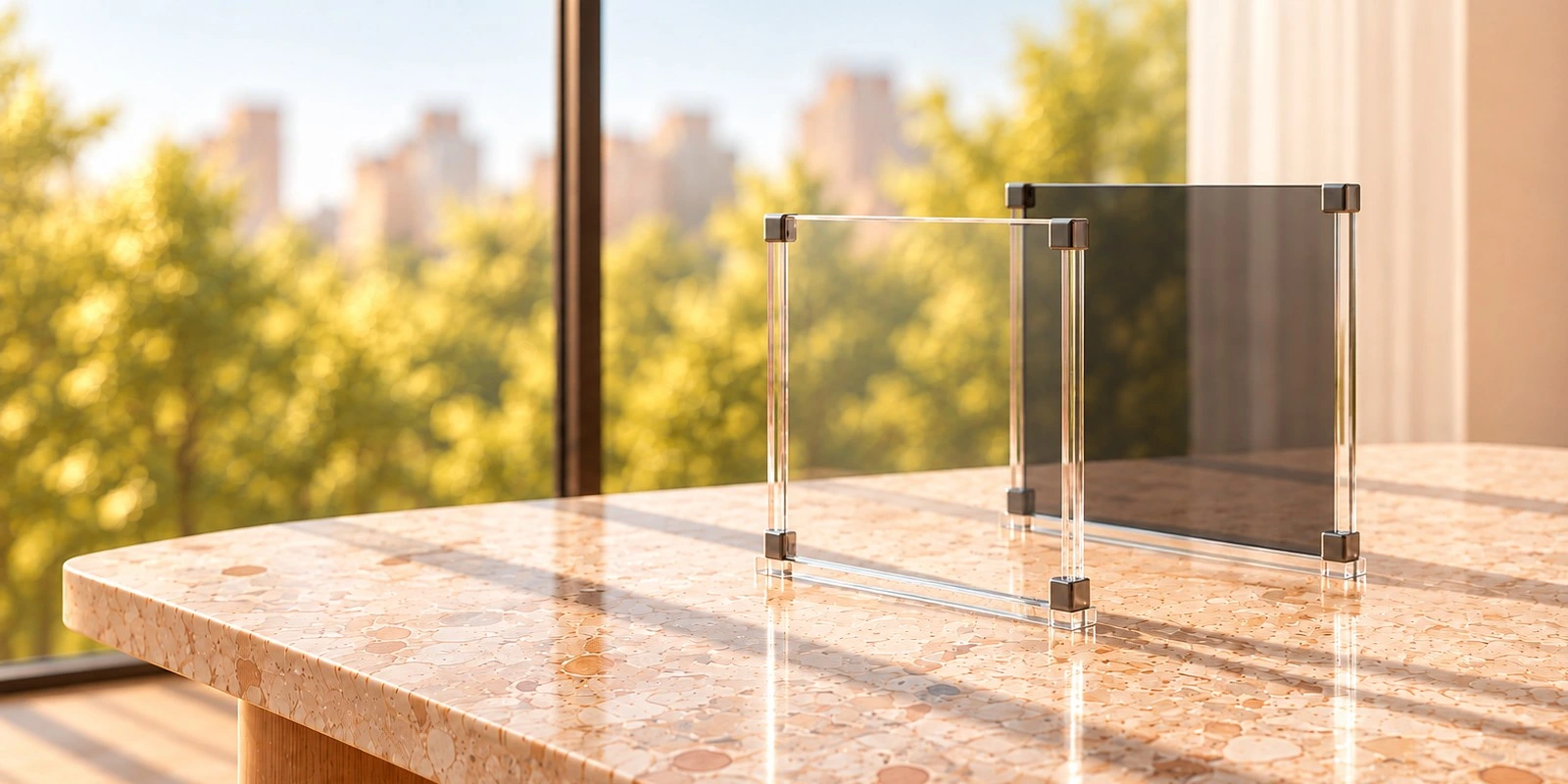 Concept illustration: two thin panels in slim transparent frames with metal corner clips, one behind the other on a sunlit stone ledge, the front one clear and the back one dark grey, in front of a clear window looking out on green trees and city buildings